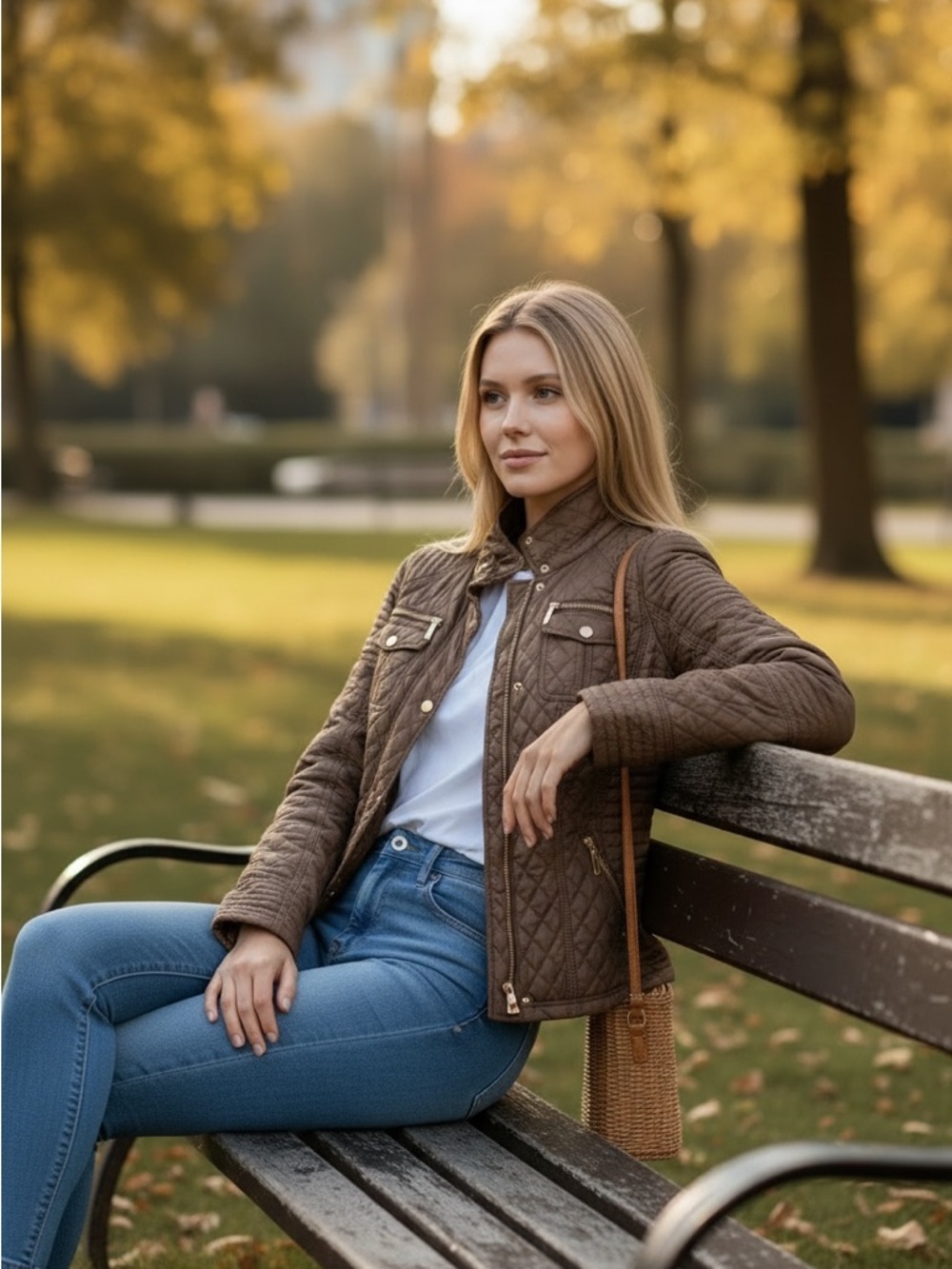Michael Kors Quilted Brown Utility Jacket with Gold-Tone Hardware